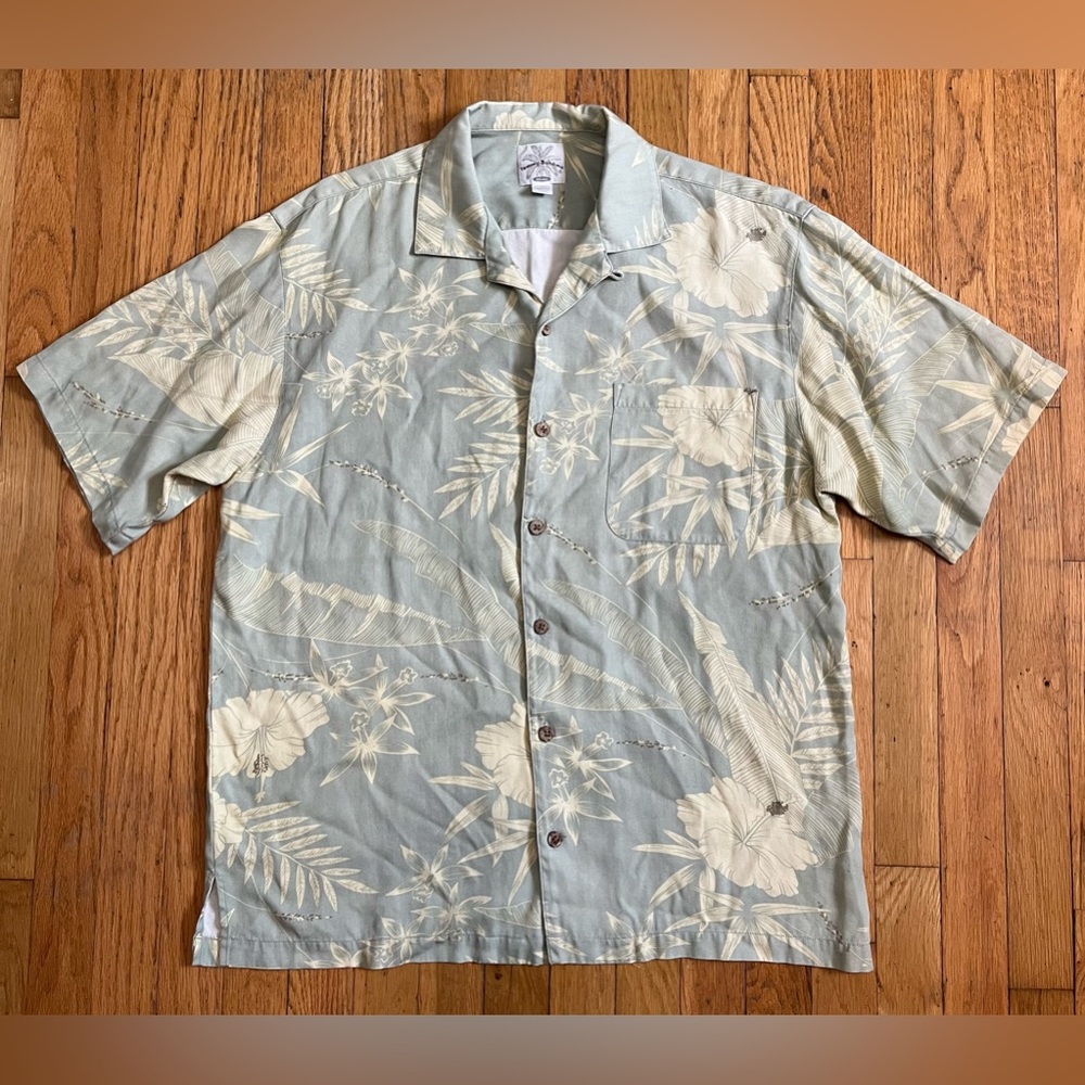 TOMMY BAHAMA Relax 100% Silk Shirt Mens Medium Green Yellow Floral Hawaiian
